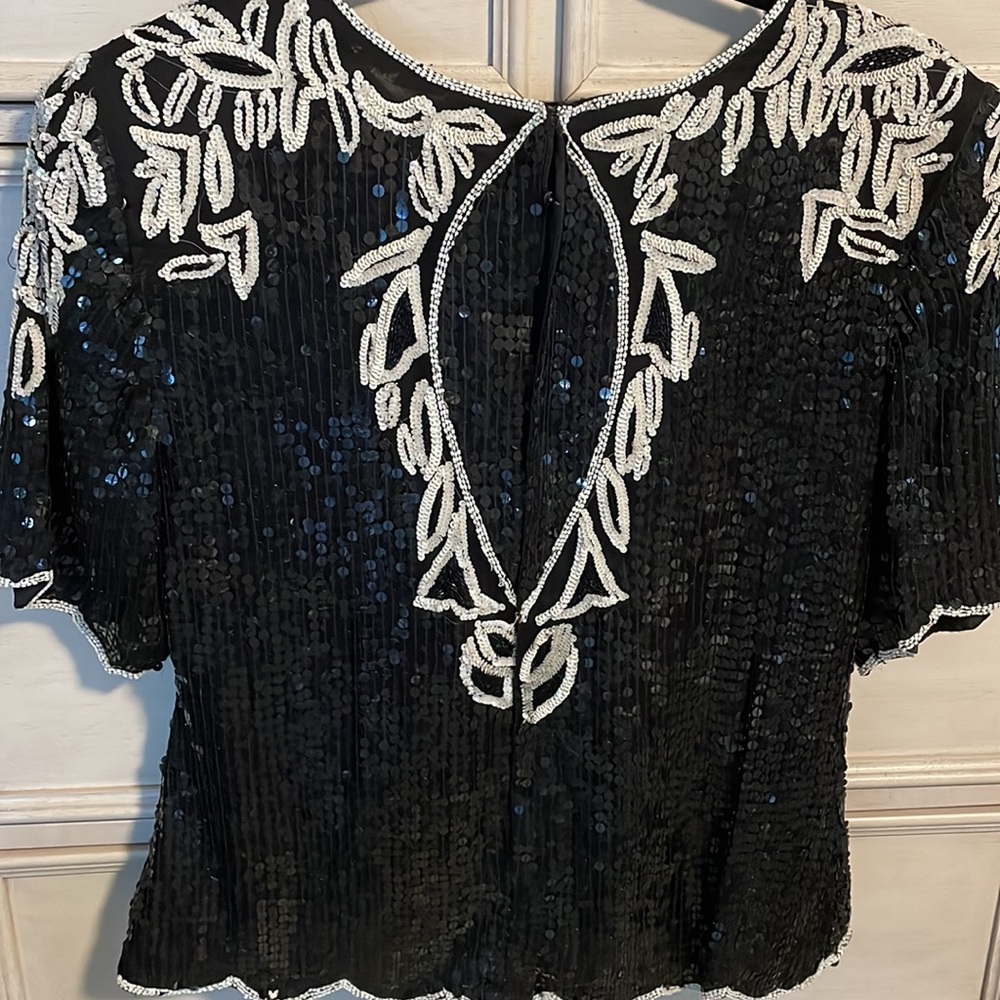 Women’s evening, sequined, elegant, STENAY, silk blouse, large black/white - Picture 5 of 7
